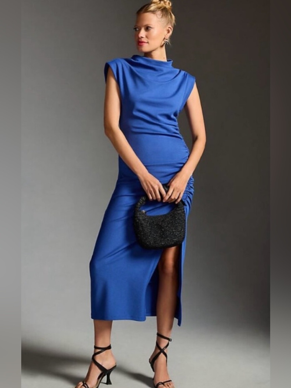 Anthropologie Royal Blue Maya Ruched Cowl Neck Midi Dress. Size Medium.